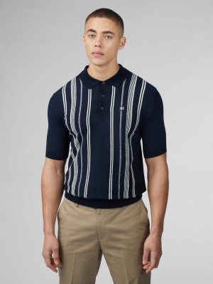 Dzianina Ben Sherman B by Ben Sherman Crinkle Cotton Stripe Polo Granatowe | 25SMCFXUW