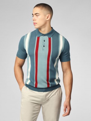 Dzianina Ben Sherman Signature Vertical Stripe Polo Turkusowe | 12ENHCTPS