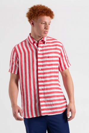 Koszule Ben Sherman B by Ben Sherman Candy Stripe Linen Short Sleeve Różowe Czerwone | 69TJVSHYN