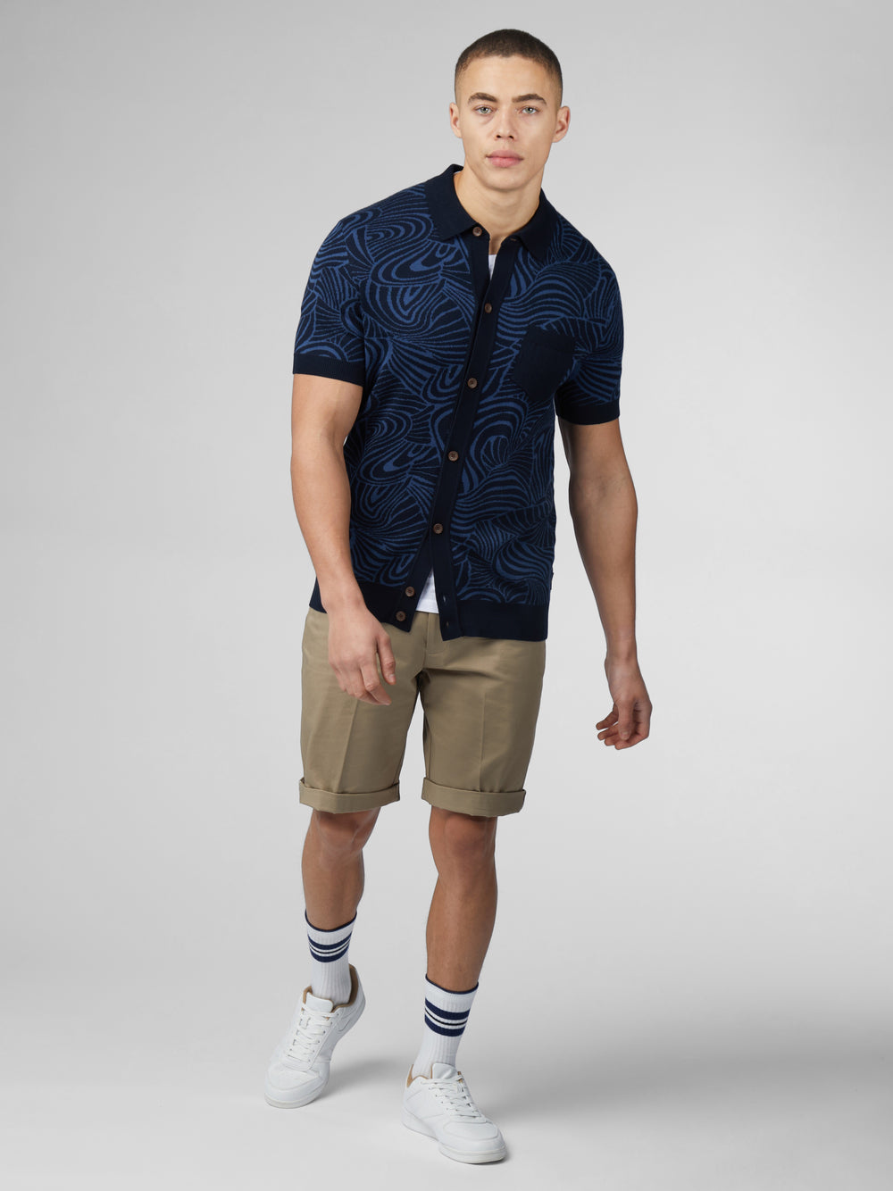 Dzianina Ben Sherman B by Ben Sherman Swirl Jacquard Button Through Polo Granatowe | 98XNBVLKW