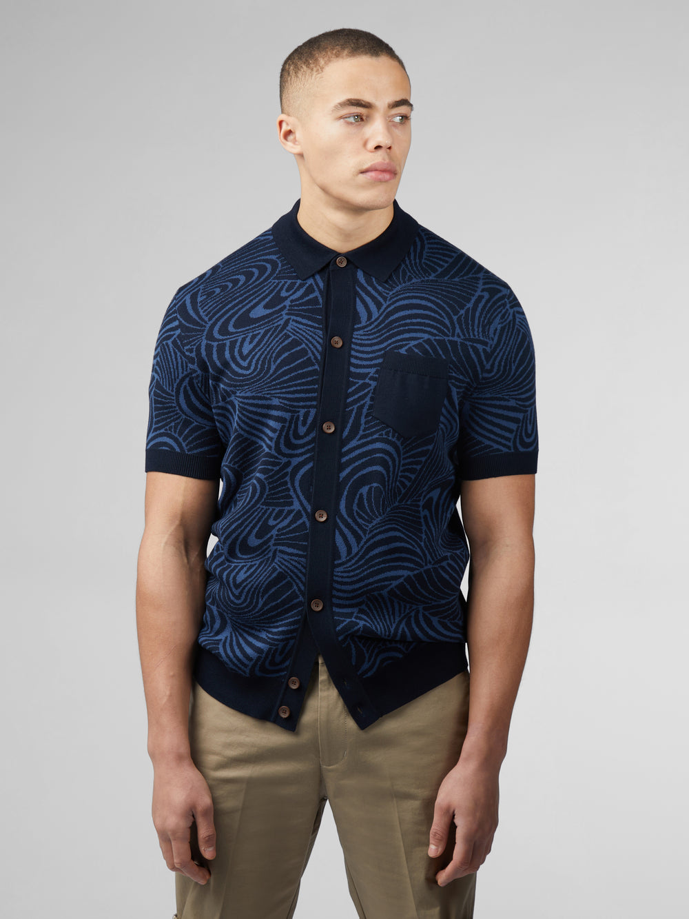 Dzianina Ben Sherman B by Ben Sherman Swirl Jacquard Button Through Polo Granatowe | 98XNBVLKW