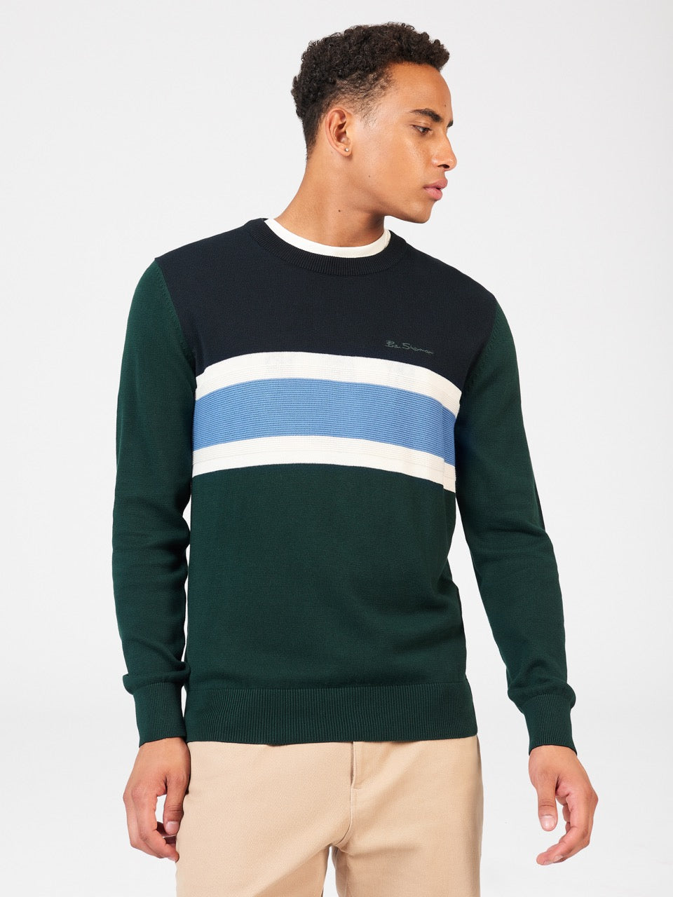 Dzianina Ben Sherman Chest Stripe Crewneck Ciemny Zielone | 14UNFHDYK