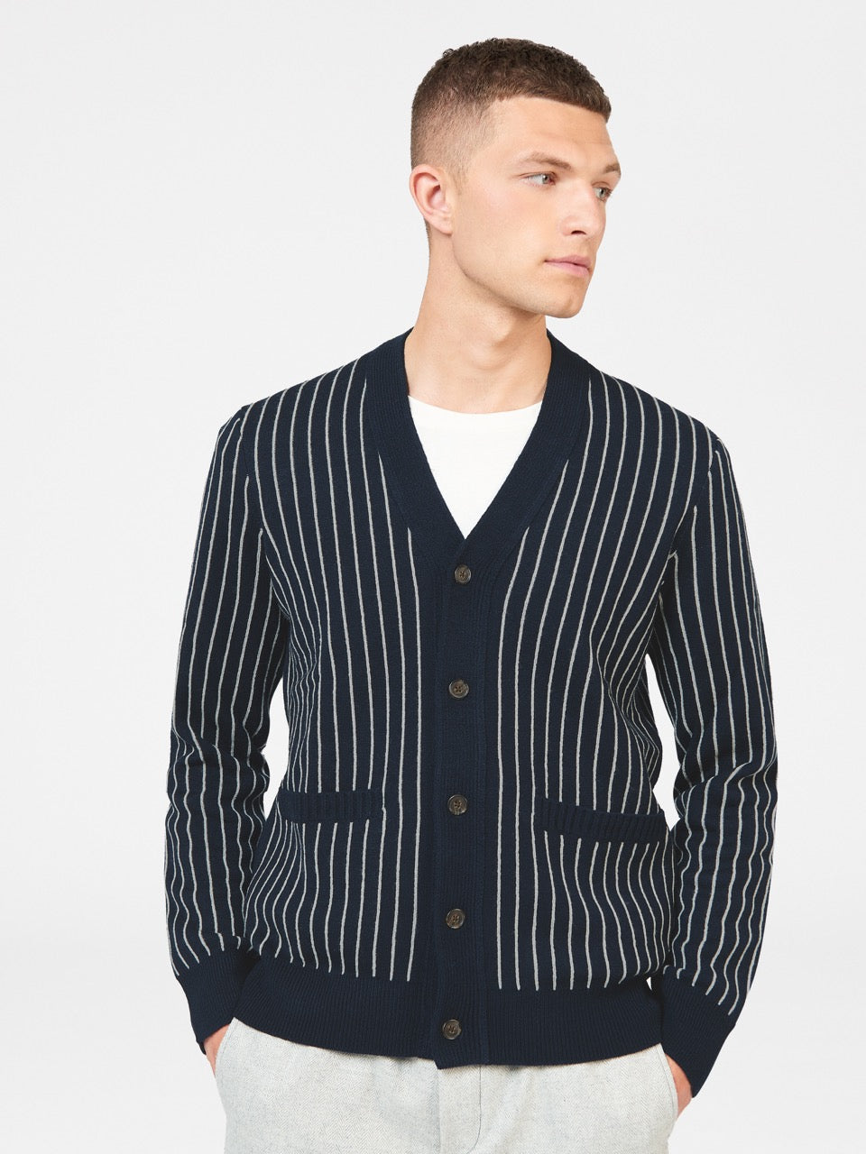 Dzianina Ben Sherman Jacquard Stripe Cardigan Granatowe | 60QIWOFBV