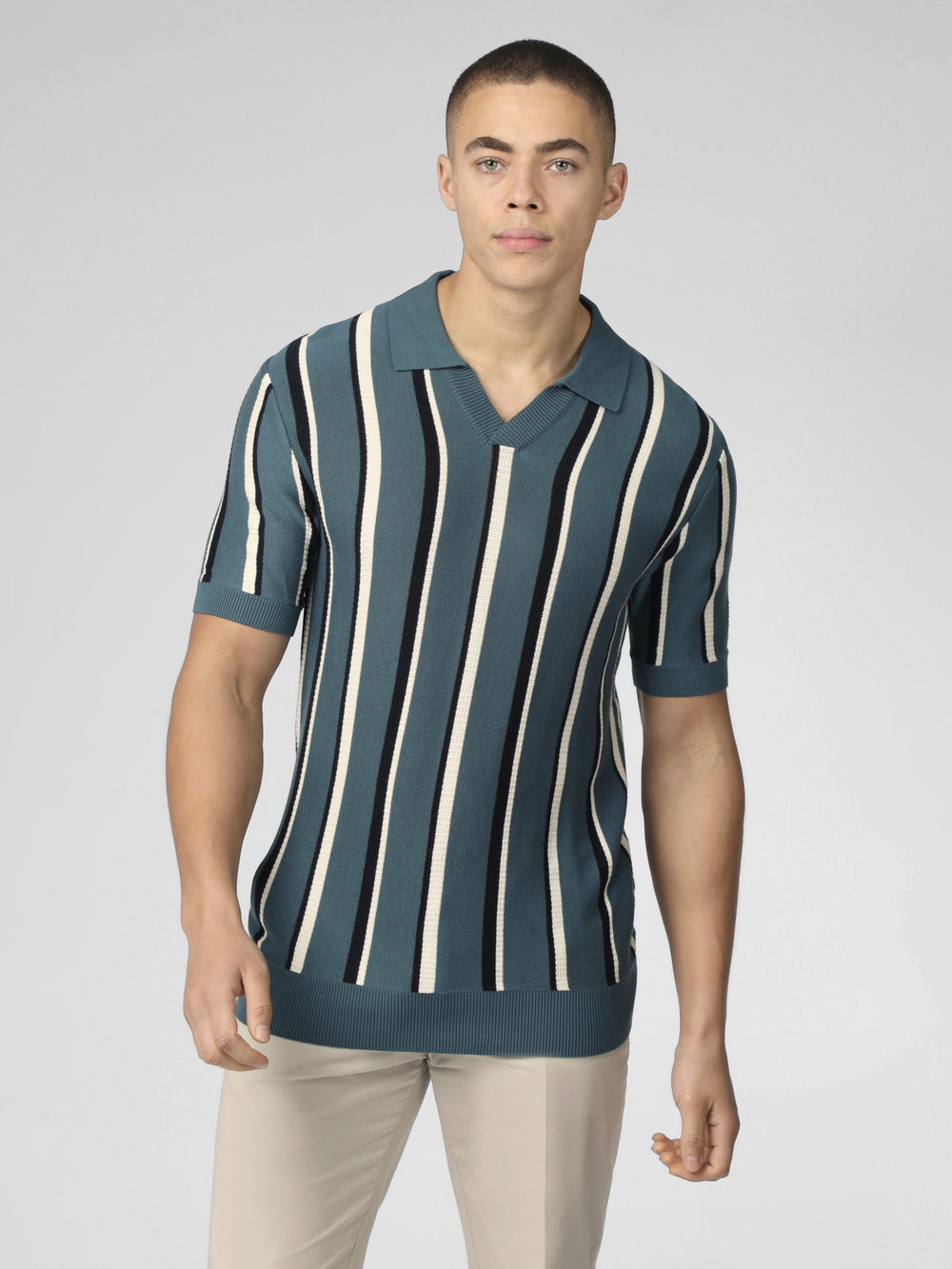 Dzianina Ben Sherman Signature Vertical Stripe Open Neck Polo Turkusowe | 21TUWSDBY