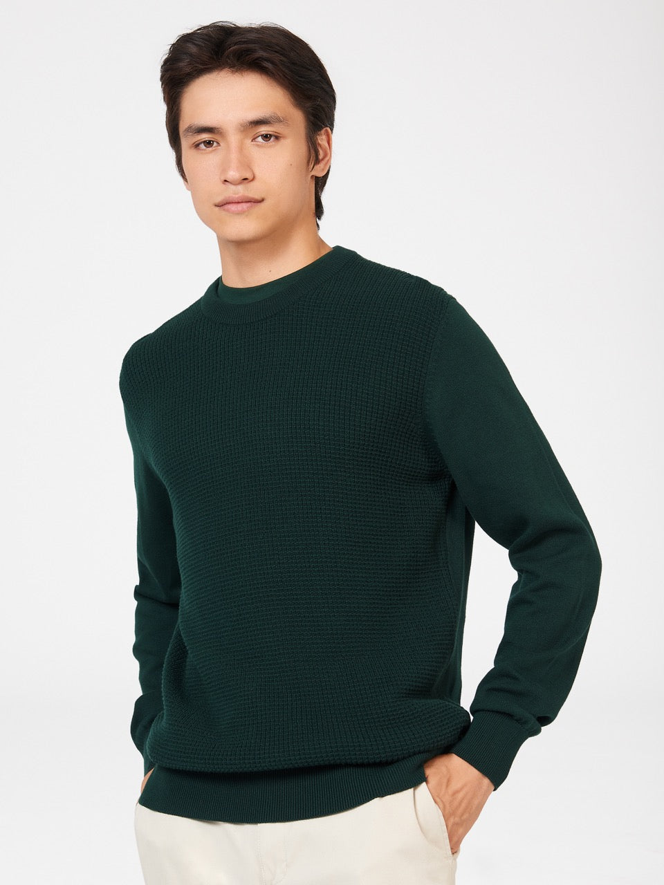 Dzianina Ben Sherman Textured Crewneck Ciemny Zielone | 42YOWMCPS