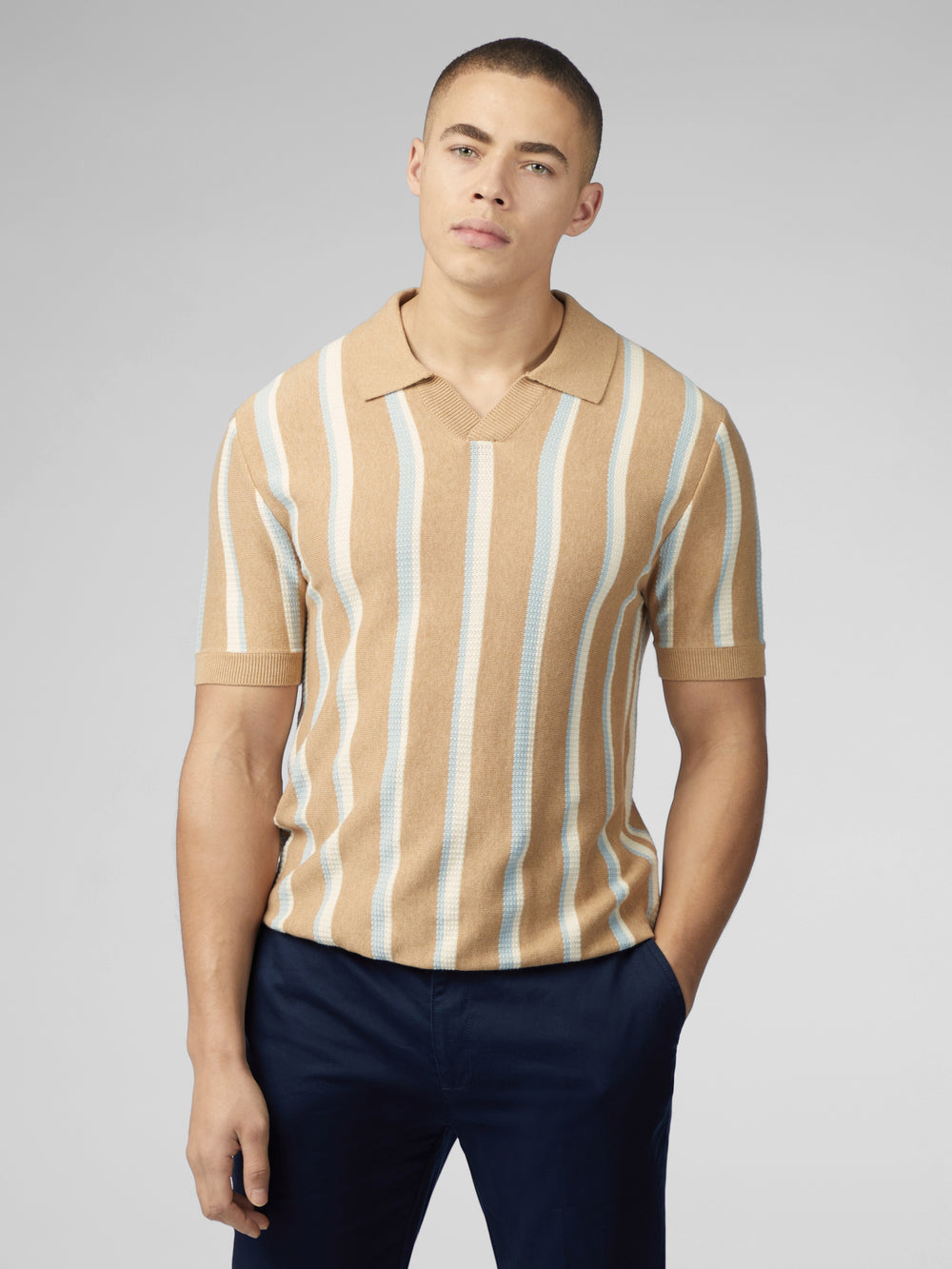 Dzianina Ben Sherman Vertical Stripe Open Neck Polo Szare | 65SEDJABR