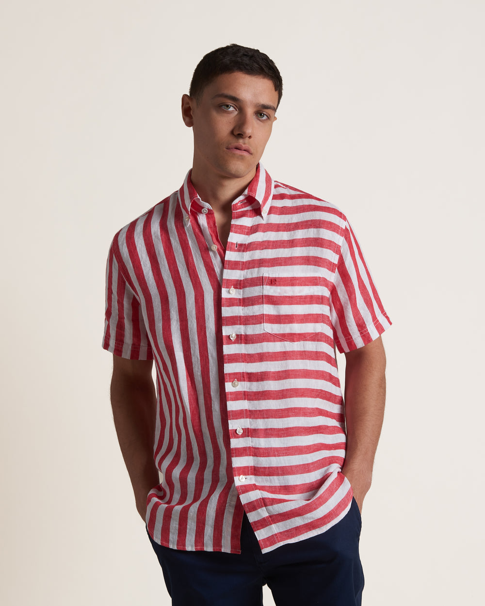 Koszule Ben Sherman B by Ben Sherman Candy Stripe Linen Short Sleeve Różowe Czerwone | 69TJVSHYN