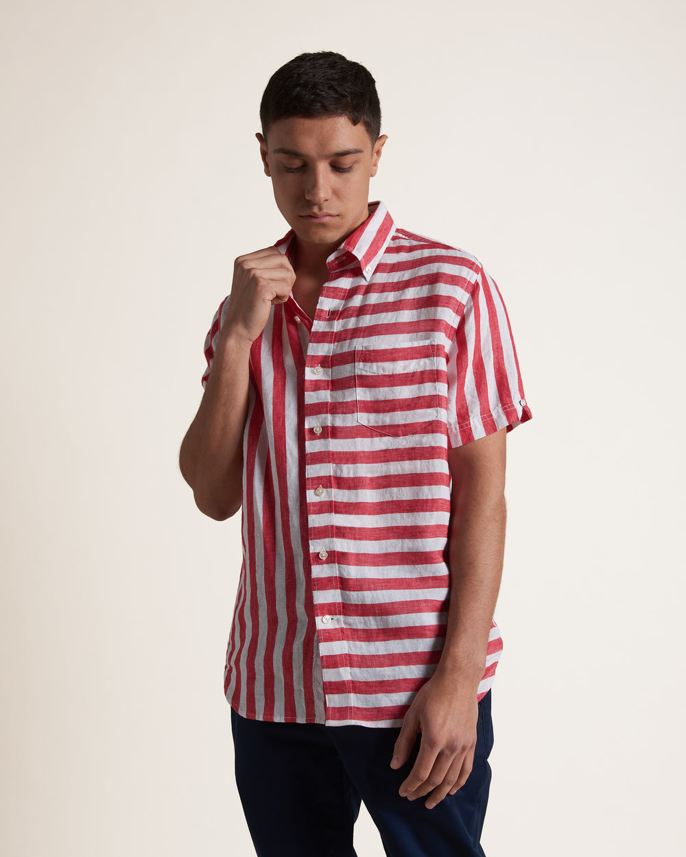 Koszule Ben Sherman B by Ben Sherman Candy Stripe Linen Short Sleeve Różowe Czerwone | 69TJVSHYN