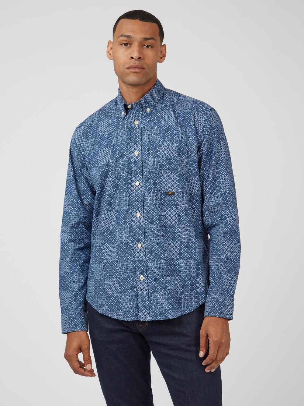 Koszule Ben Sherman Chambray Patchwork Geo Print Long-Sleeve Niebieskie | 20WIHUCGO