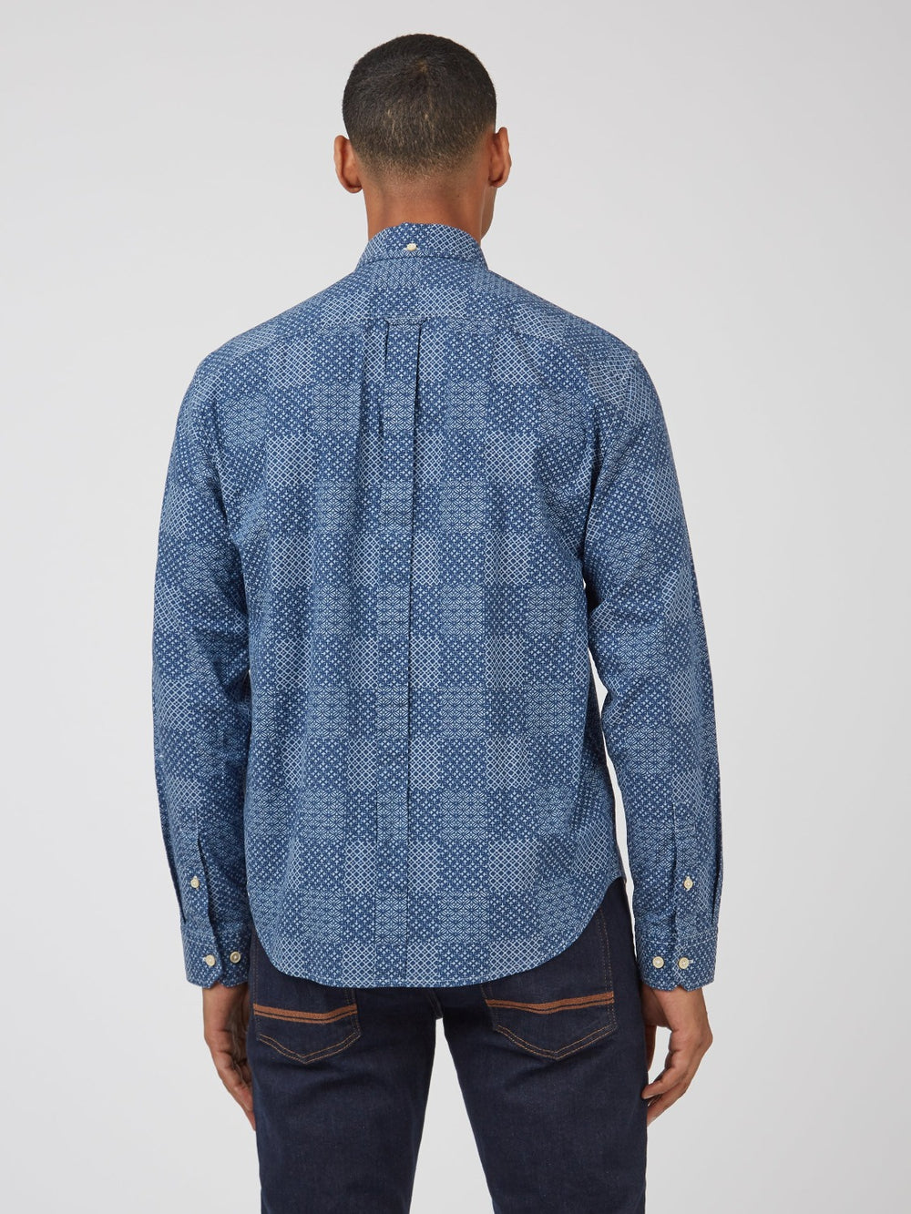 Koszule Ben Sherman Chambray Patchwork Geo Print Long-Sleeve Niebieskie | 20WIHUCGO