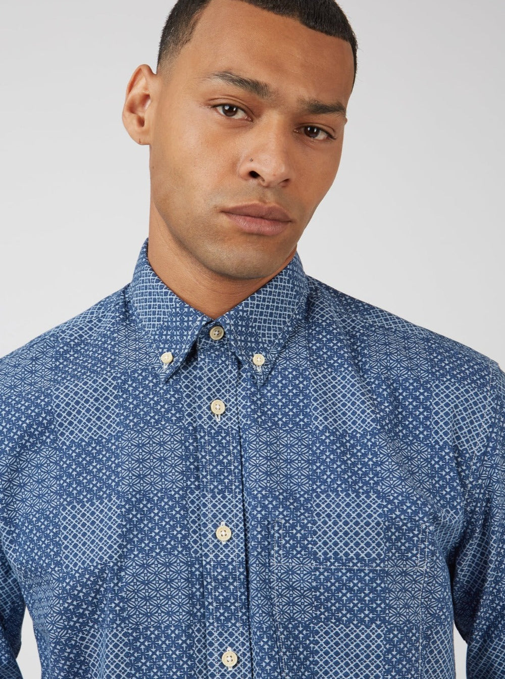 Koszule Ben Sherman Chambray Patchwork Geo Print Long-Sleeve Niebieskie | 20WIHUCGO