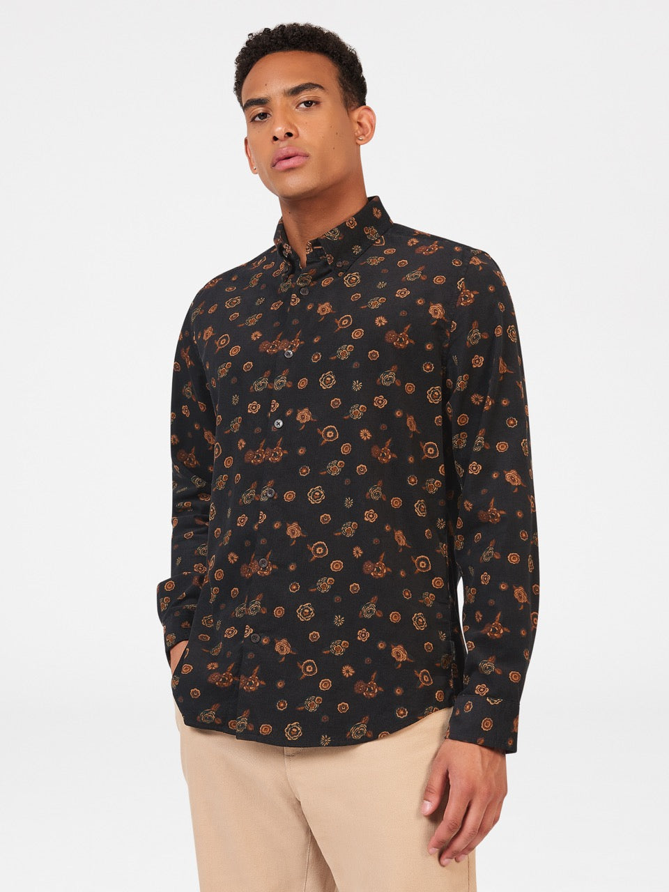 Koszule Ben Sherman Retro Floral Print Corduroy Czarne | 69HFQWUPG