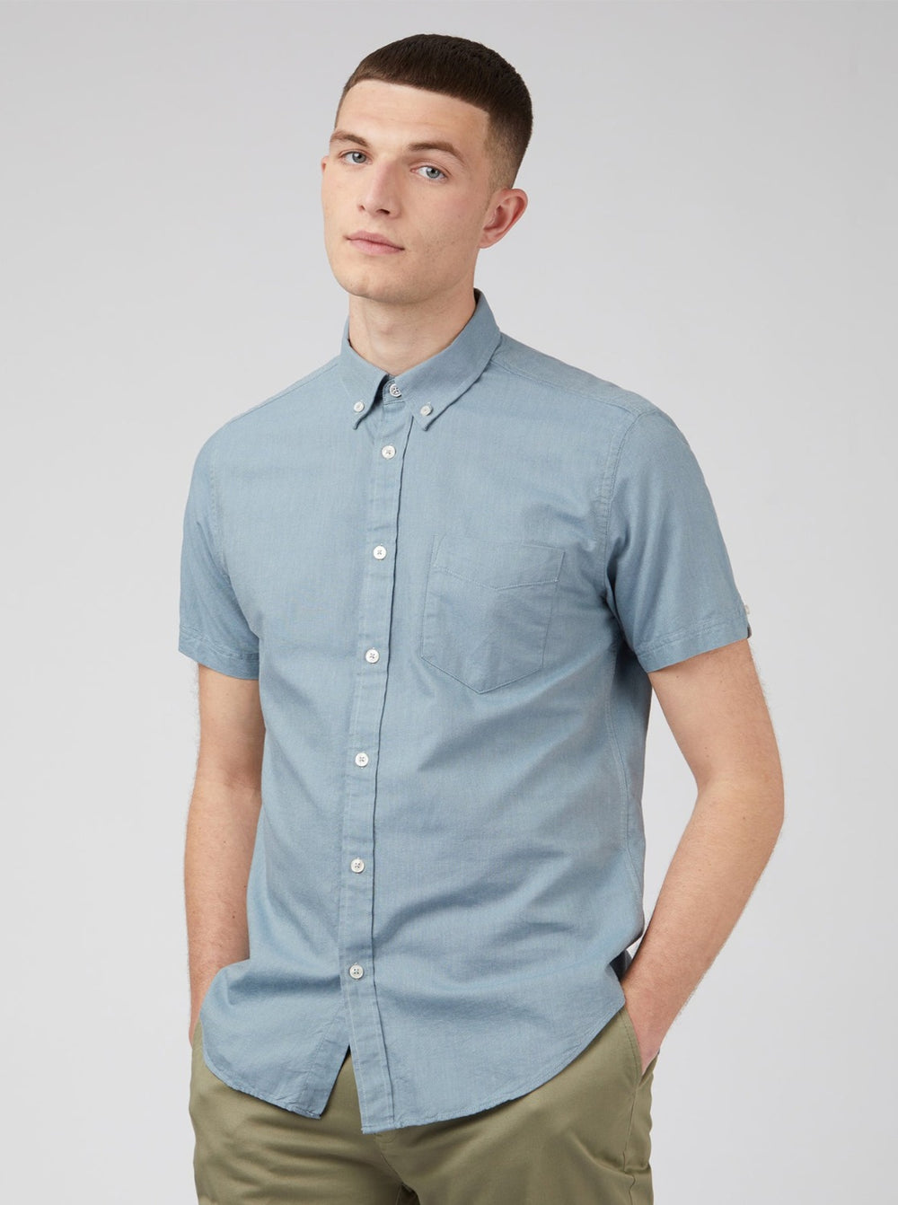 Koszule Ben Sherman Signature Organic Short-Sleeve Oxford Shadow Niebieskie Szare | 09XCOZALW