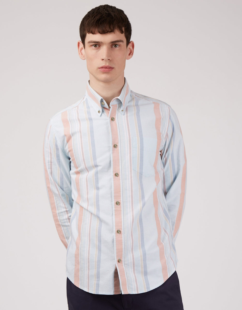 Koszule Ben Sherman The Oxford Ivy Stripe Long-Sleeve Niebieskie | 45PYSTOUC